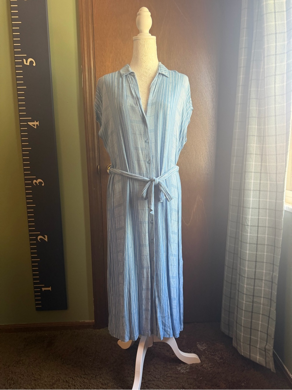 Lulu's Light Blue Striped Midi Shirt Dress with Waist Tie